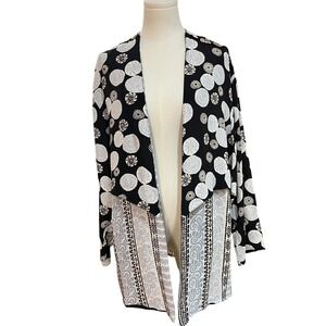 Vintage Laura Kieffer Kimono Cardigan Black White Print Open Front Jacket M